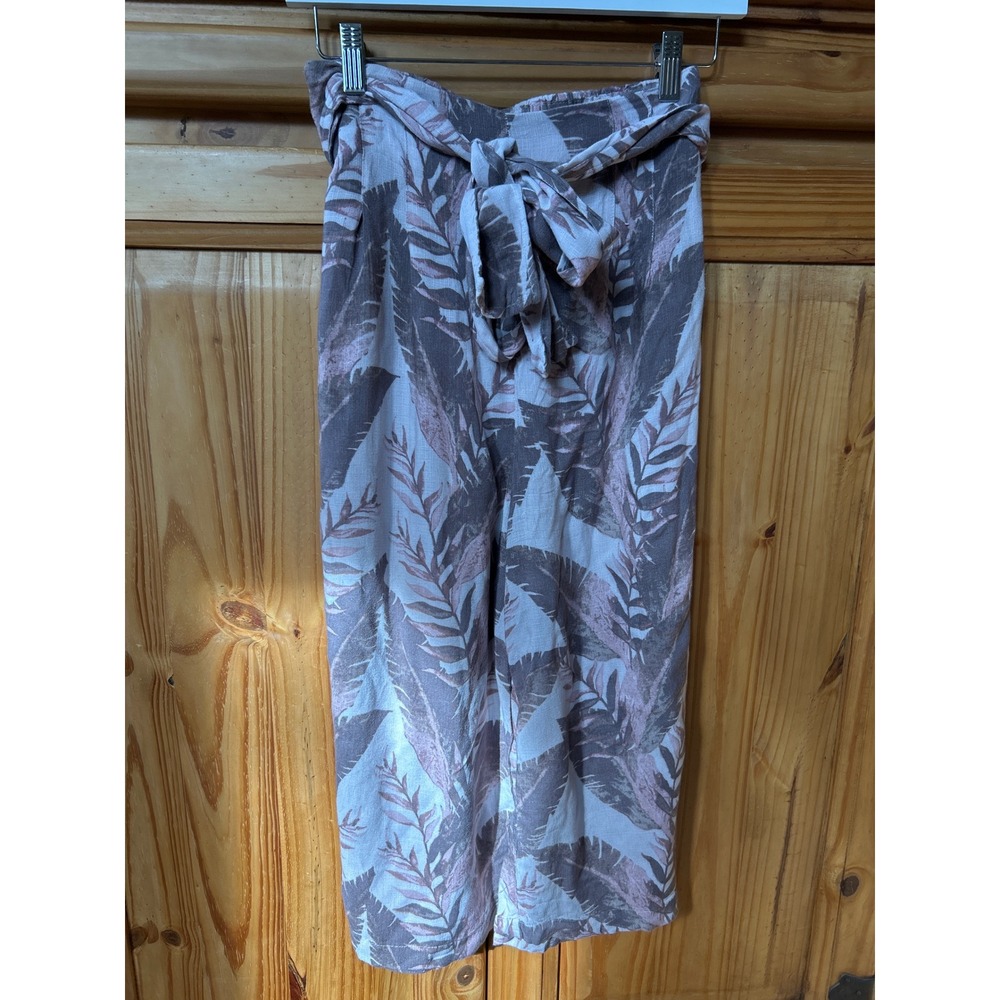 Free People Tropical Palm Print Wide Leg Crop Pants Tie Waist Mauve Taupe Small